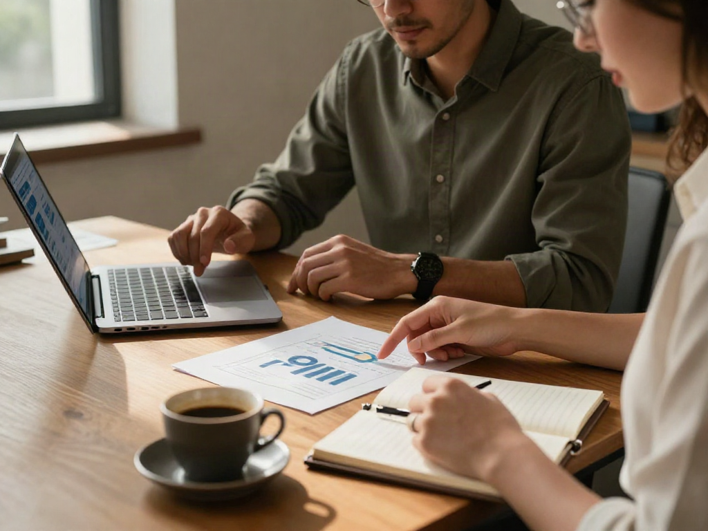 A collaborative business review with performance charts, a laptop, and a planning notebook
